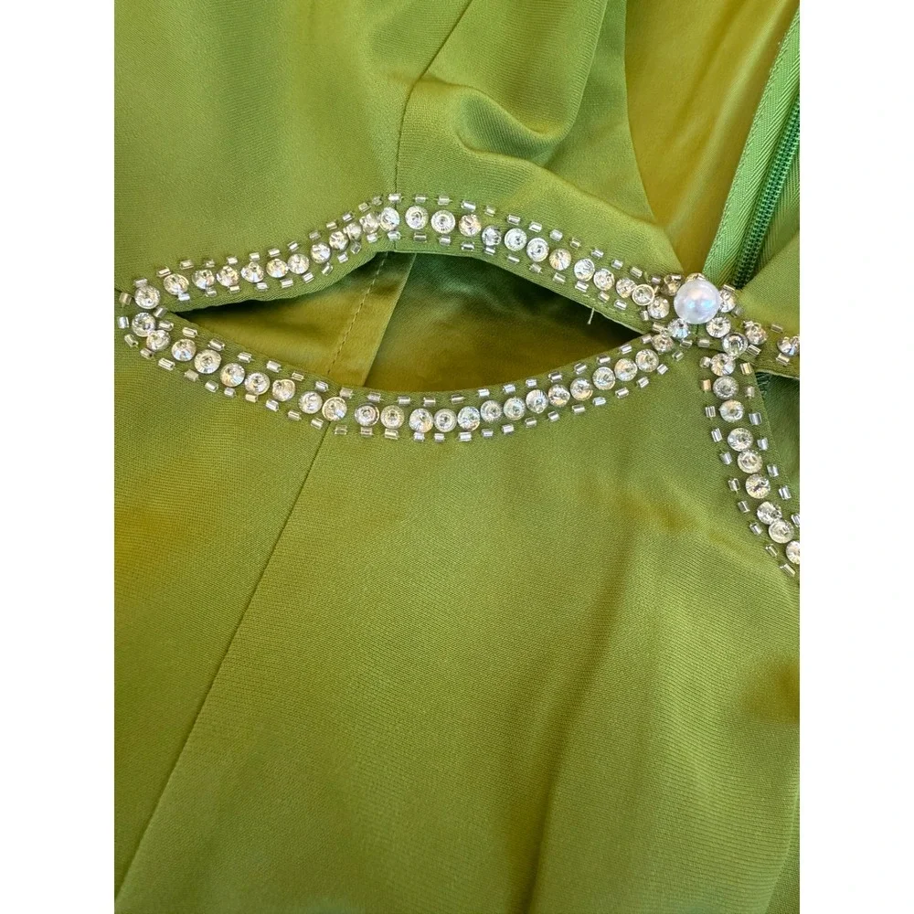 NWT Ieena Mac Duggal‎ Plunge Neck Puff Sleeve Cut Out Gown Green Apple 2630 Sz 4 - Picture 4 of 7